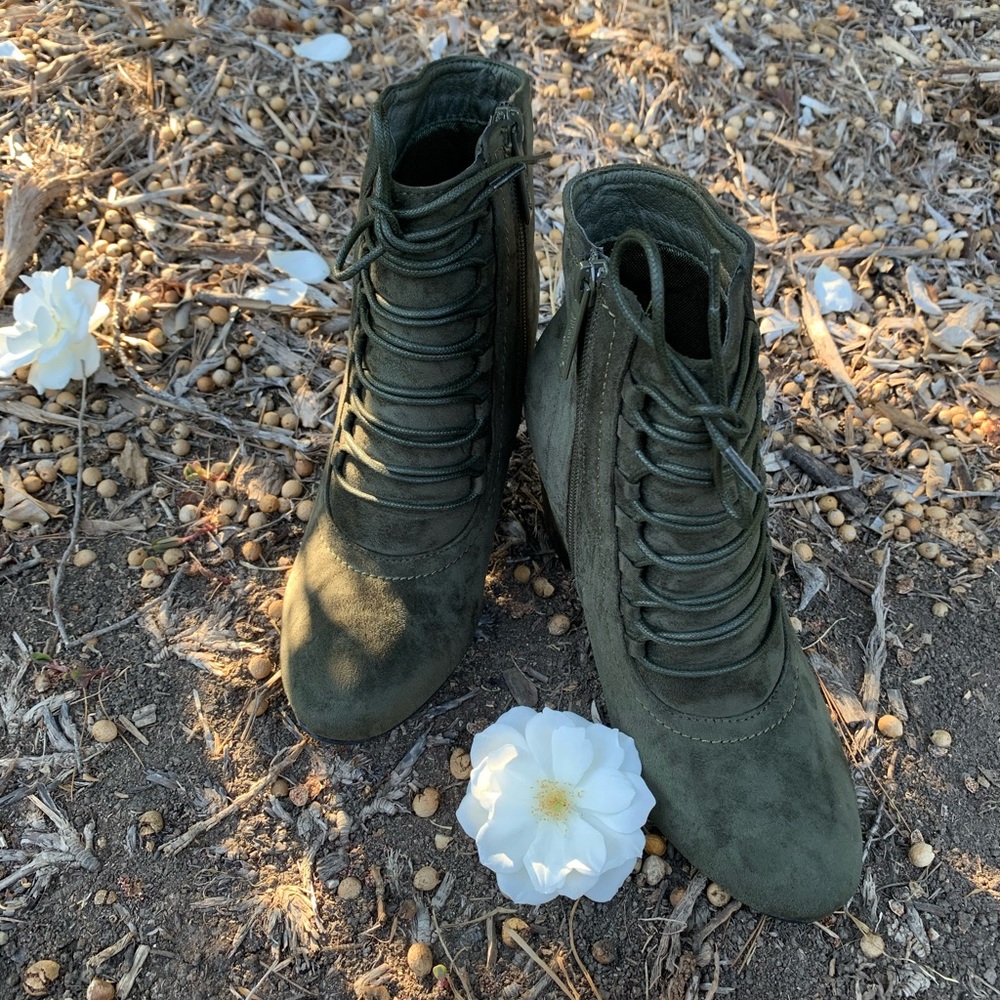 Olive Faux Suede Ankle Booties - Picture 6 of 6